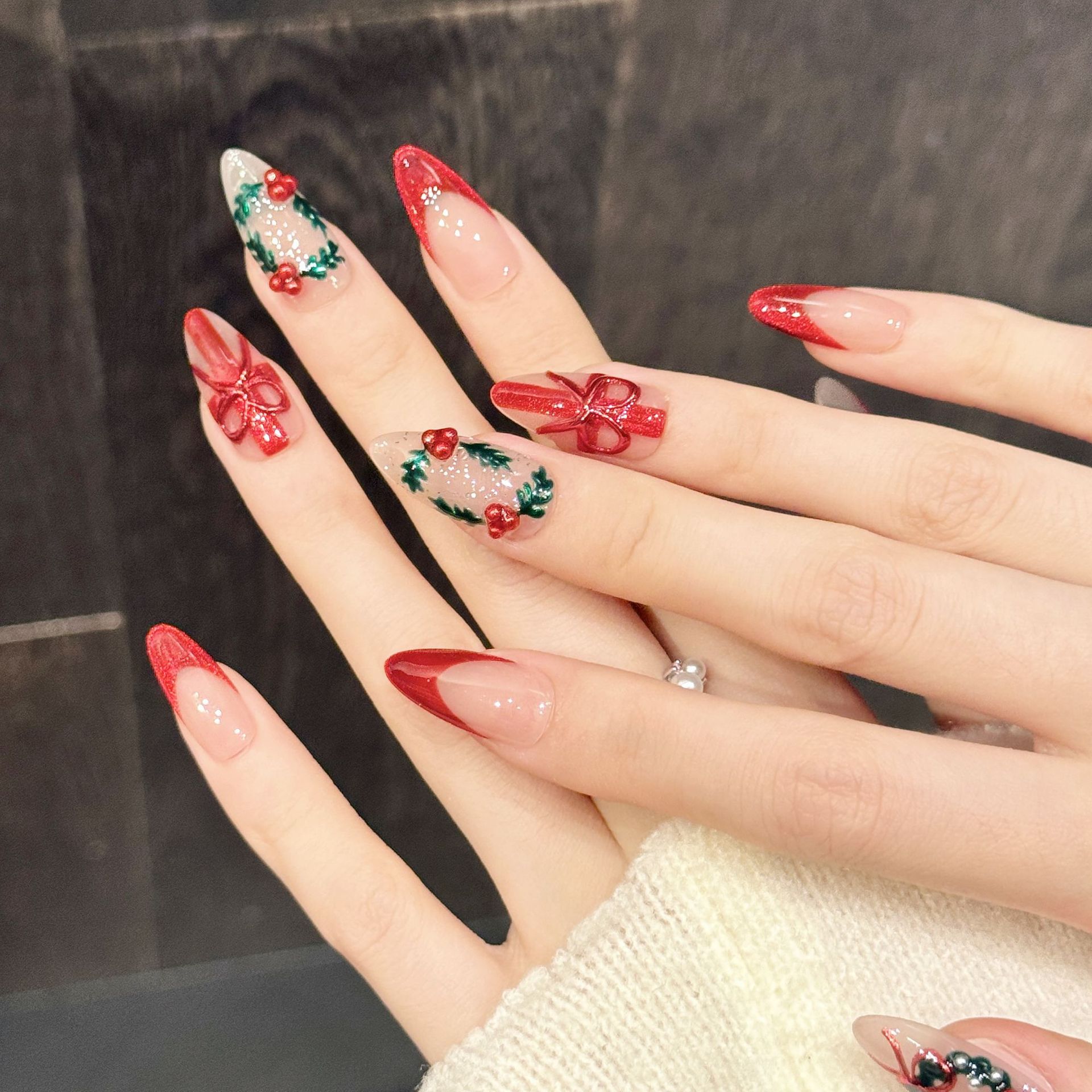 Nail Art Press On - 10 pçs natal vermelho nu médio