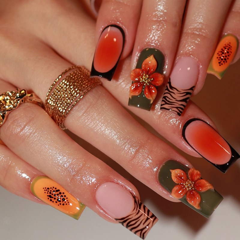 Nail Art Orange - 24 Unidades de Unhas Postiças Quadradas