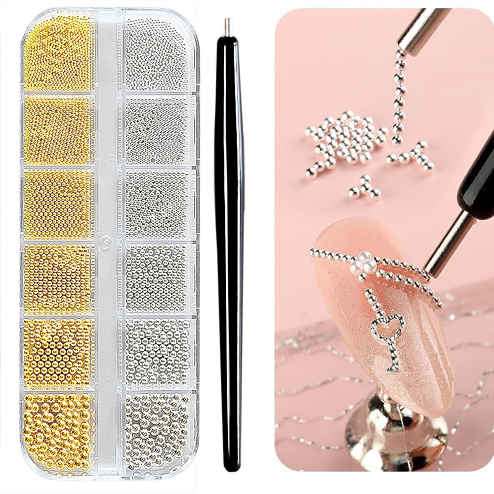 Nail Art Valentines Day - 12 grade ouro/prata mini caviar contas