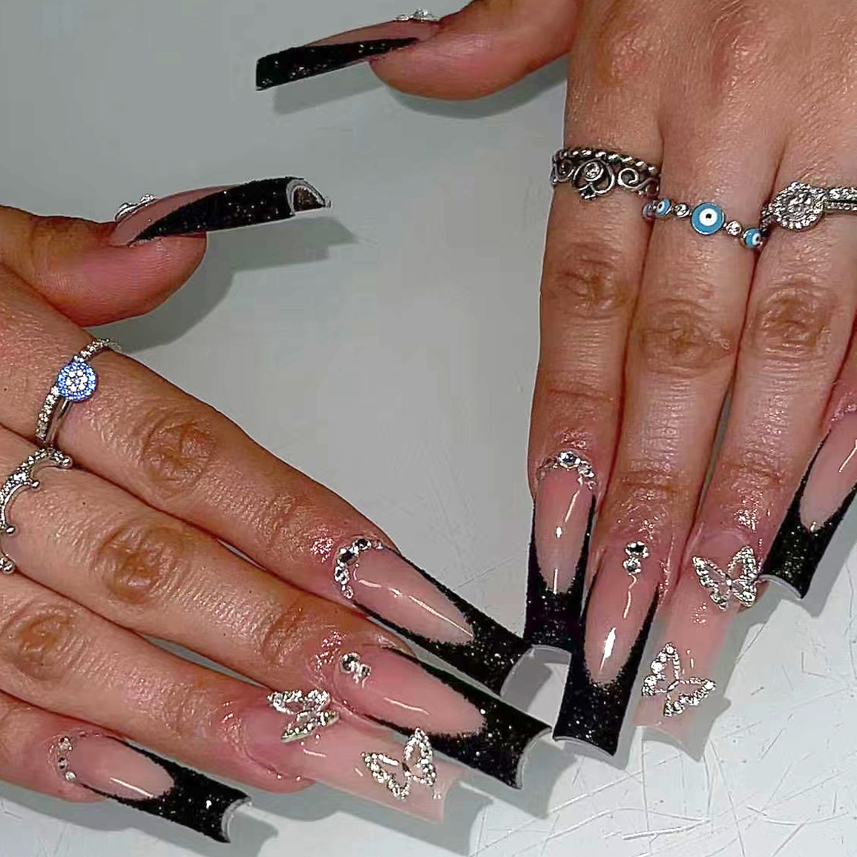 Nail Art Press On - 24 pçs preto francês conjuntos de